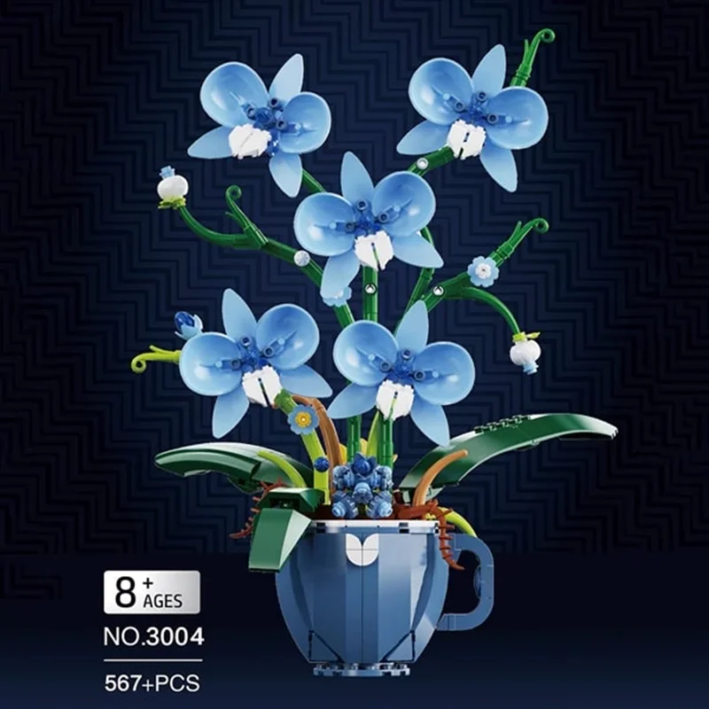 نمایش جلو لگو گل ارکیده در فنجان با گلهای آبی و مشخصات