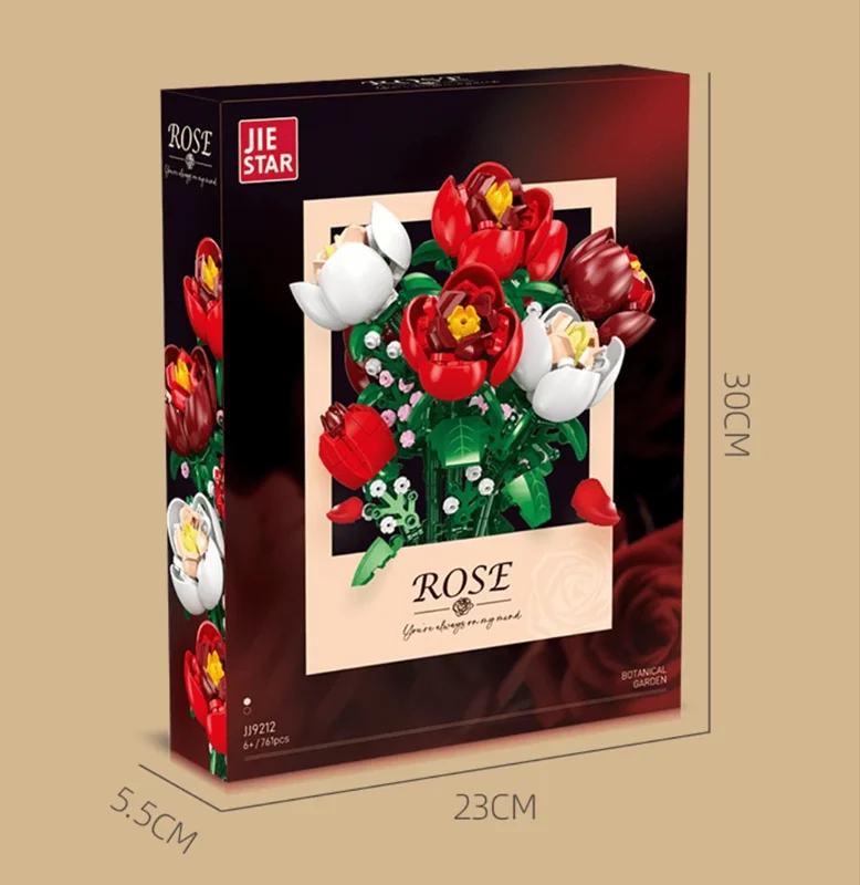 نمایش سه بعدی ابعاد بسته بندی لگو گلدان رز