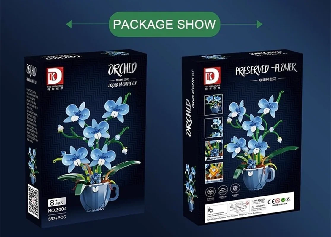 نمای پشت و روبرو بسته بندی لگو گل ارکیده در فنجان با جزئیات گلدان فنجانی شکل