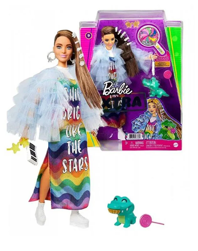 خرید اسباب بازی برند مَتِل «باربی اکسترا با پیراهن بلند رنگین کمانی» Mattel Toys Barbie Doll And Accessories, Barbie Extra Doll With Pet Crocodile