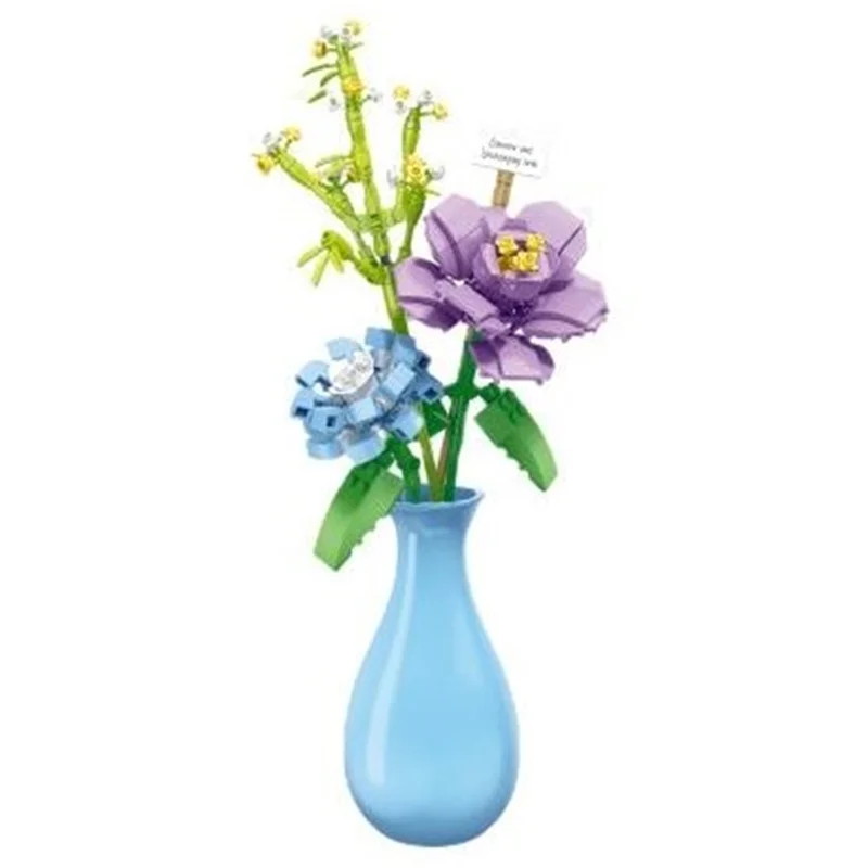 نمای جلو لگو گل قلب مهآلود با گلدان آبی و گلهای رنگارنگ