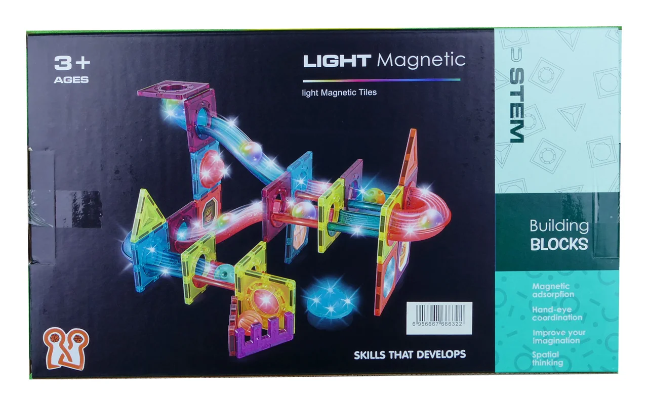 نمای پشت جعبه اسباببازی ساختنی مغناطیسی با کاشی های نورانی