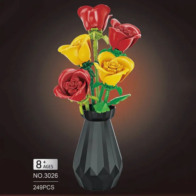 نمای روبرو گلدان دسته گل رز ها در پس زمینه بسته بندی