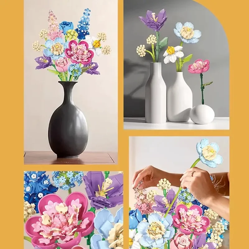 نمای کامل لگو گلهای نوک انگشتی عاشقانه روی میز دکوراتیو و در گلدان