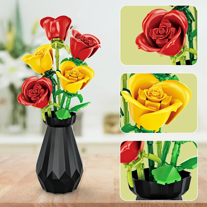 نمای کلی و نزدیک از گلبرگهای لگو گلدان دسته گل رزها