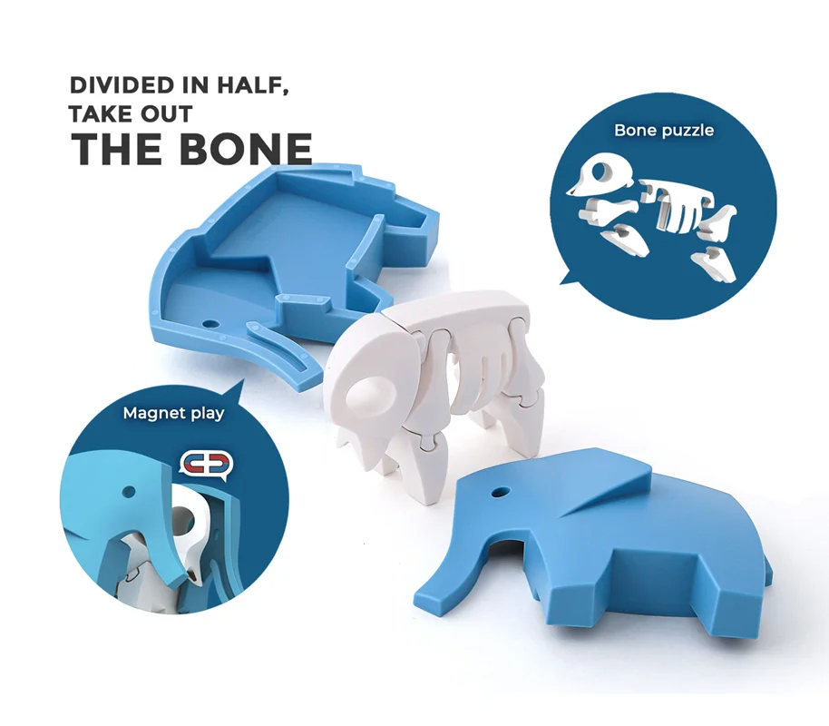 خرید بازی فکری ساختنی فیل 3 بعدی مغناطیسی «الفنت: فیل» Halftoys 3D Bone Puzzle Magnet Play Savannah Animal friends HAS004