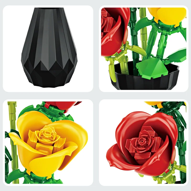 نمای نزدیک از گلبرگهای لگو گلدان دسته گل رزها با جزئیات ظریف