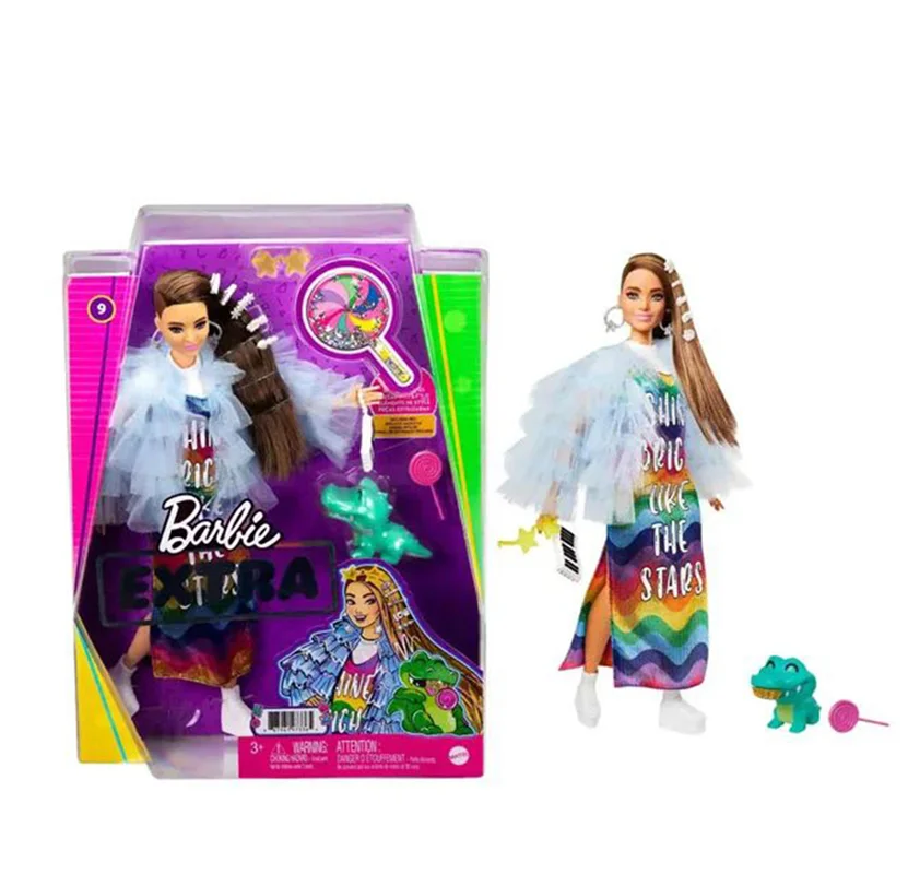 خرید اسباب بازی برند مَتِل «باربی اکسترا با پیراهن بلند رنگین کمانی» Mattel Toys Barbie Doll And Accessories, Barbie Extra Doll With Pet Crocodile