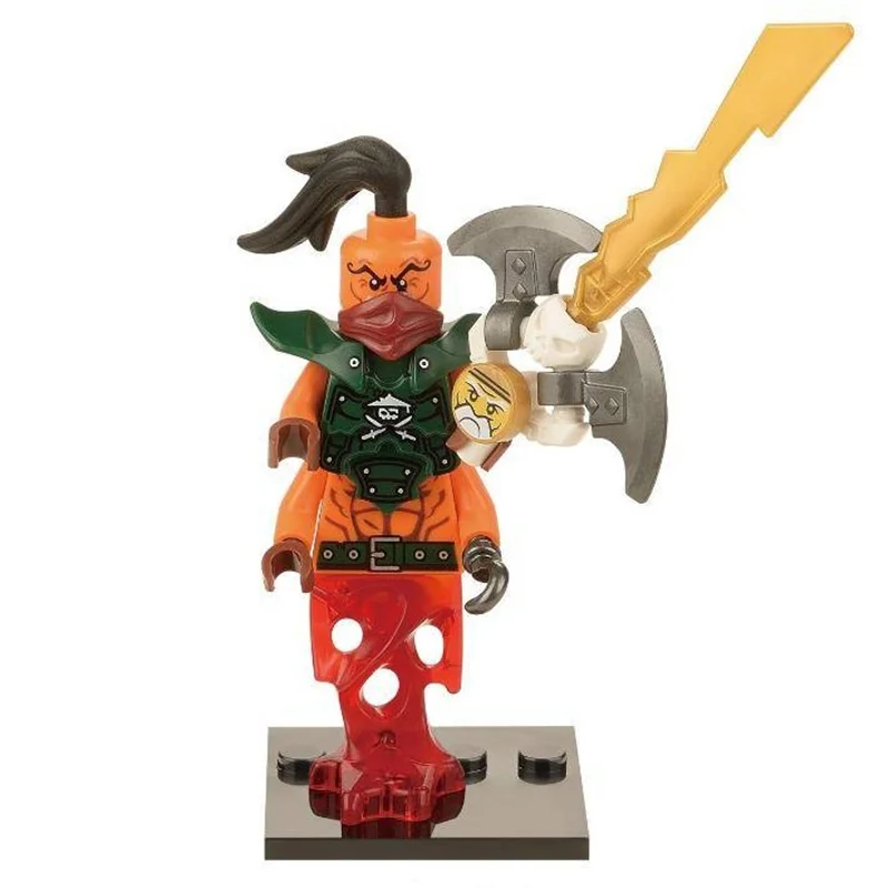 نمای جلو فیگور نینجا ناداکان با شمشیر طلایی و زره سبز مینی فیگور لگو ناداکان Nadakan Ninja