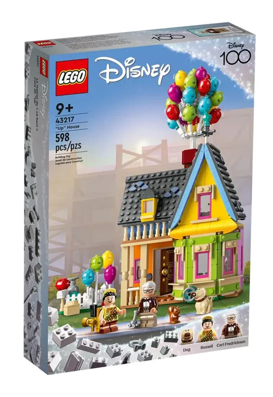 "LEGO Disney and Pixar ‘Up’ House Disney 100 - مجموعه ساختنی خانه کارل و راسل از انیمیشن UP، شامل فیگورهای کارل، راسل و داگ."