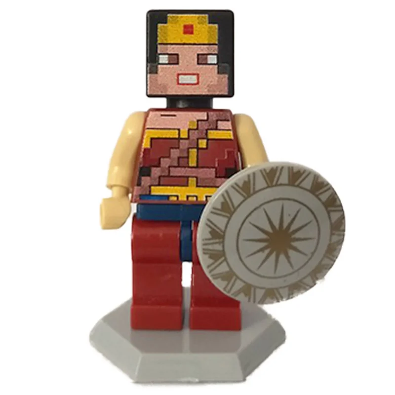 نمای جلویی مینی فیگور لگو واندر وومن ماینکرفتی با تاج زرد و قرمز و سپر ستاره ای