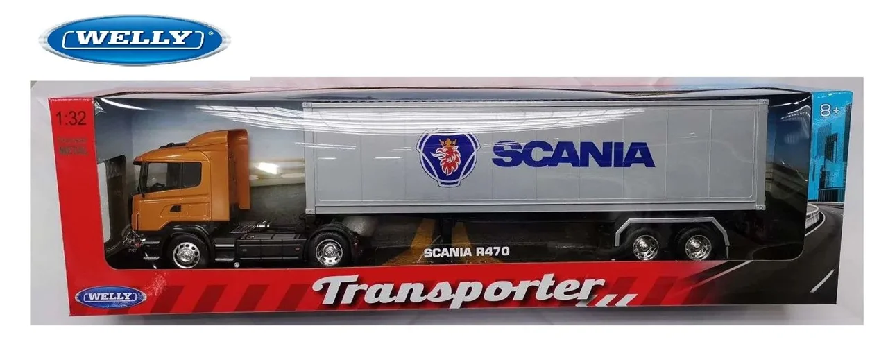 ماکت فلزی ماشین فلزی ویلی «کامیون کانتینر دار، اسکانیا R470» Welly Metal Die Cast Tractor Trailer Container Truck (ORANGE ) Scania R470 32626W