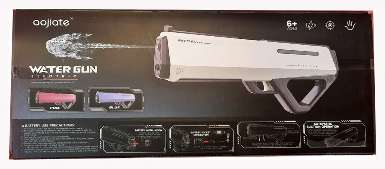 ابعاد محصول تفنگ آبپاش شارژی aogaite Electric Water Gun B-3 پشت جعبه بستهبندی