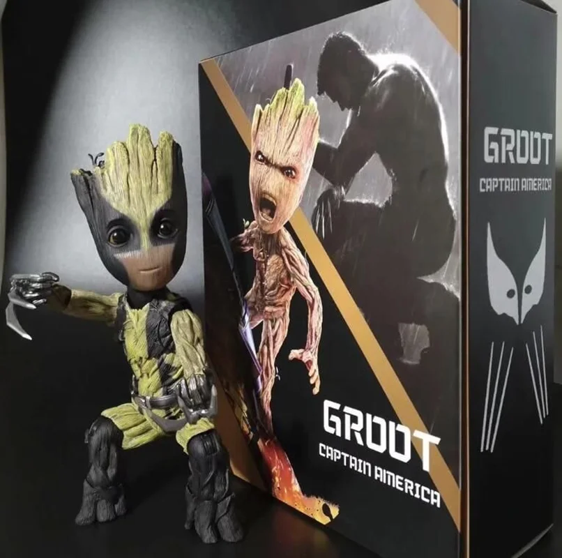 فیگور گروت در لباس ولورین Groot Tree Man Cos Wolverine در کنار جعبه