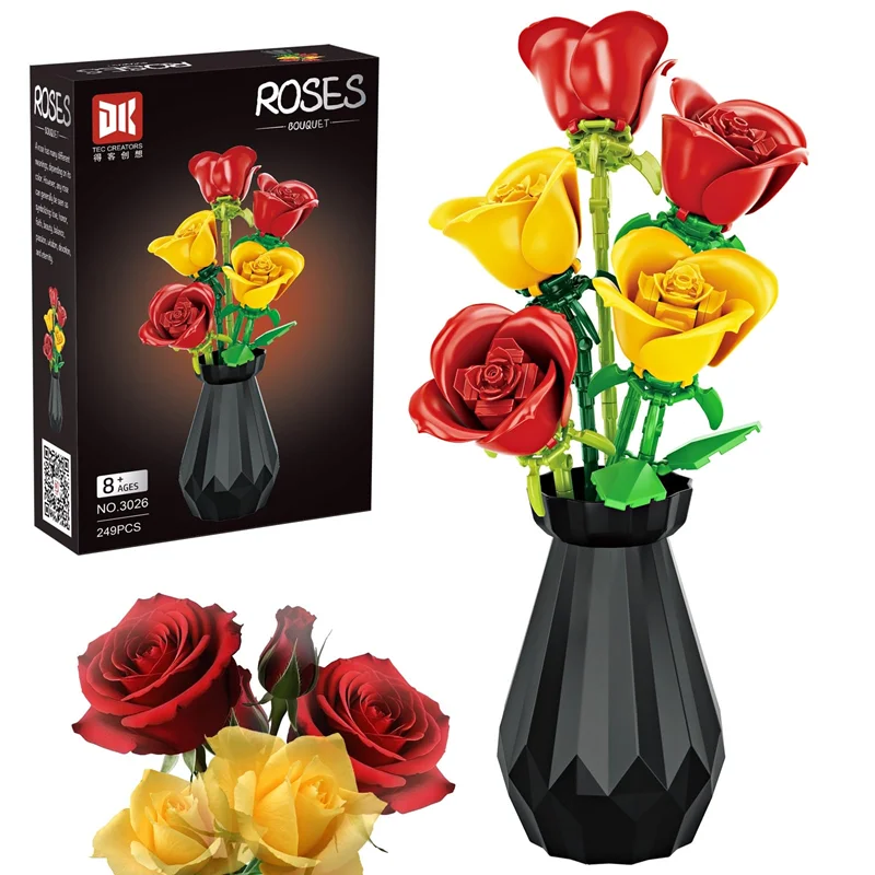 نمای جلو لگو گلدان دسته گل رزها با گلهای قرمز و زرد در کنار جعبه