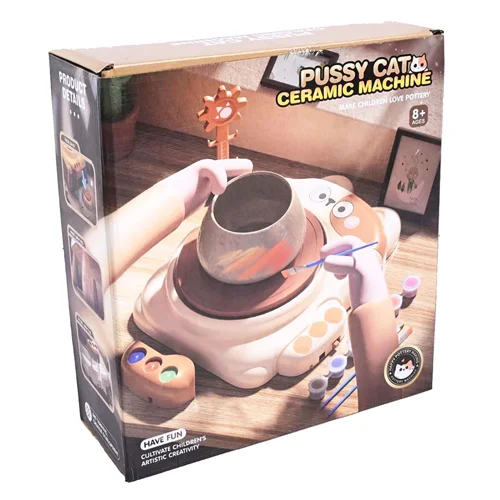 چرخ سفالگری کودکانه مدل Pussy Cat – ست کامل سفالگری با طراحی فانتزی گربهای