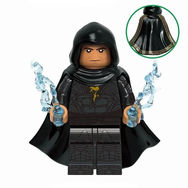 نمای جلو فیگور بلک آدام با شنل کلاهدار و جلوههای قدرتی