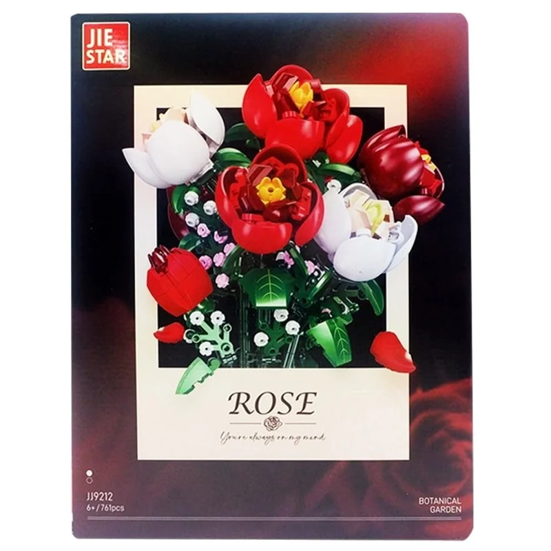 نمای جلو بسته بندی لگو گلدان گل رز با گلهای قرمز و سفید