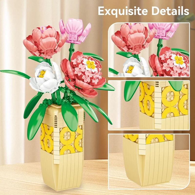نمای دقیق دسته گل ساختهشده Peony 9115A در گلدان دکوراتیو