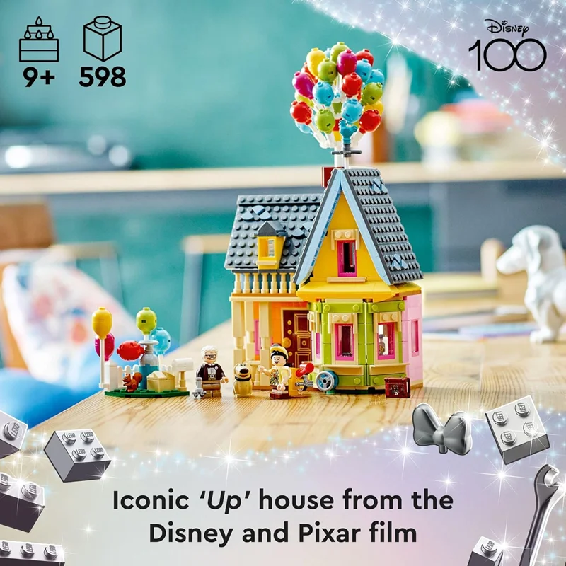 "LEGO Disney and Pixar ‘Up’ House Disney 100 - مجموعه ساختنی خانه کارل و راسل از انیمیشن UP، شامل فیگورهای کارل، راسل و داگ."