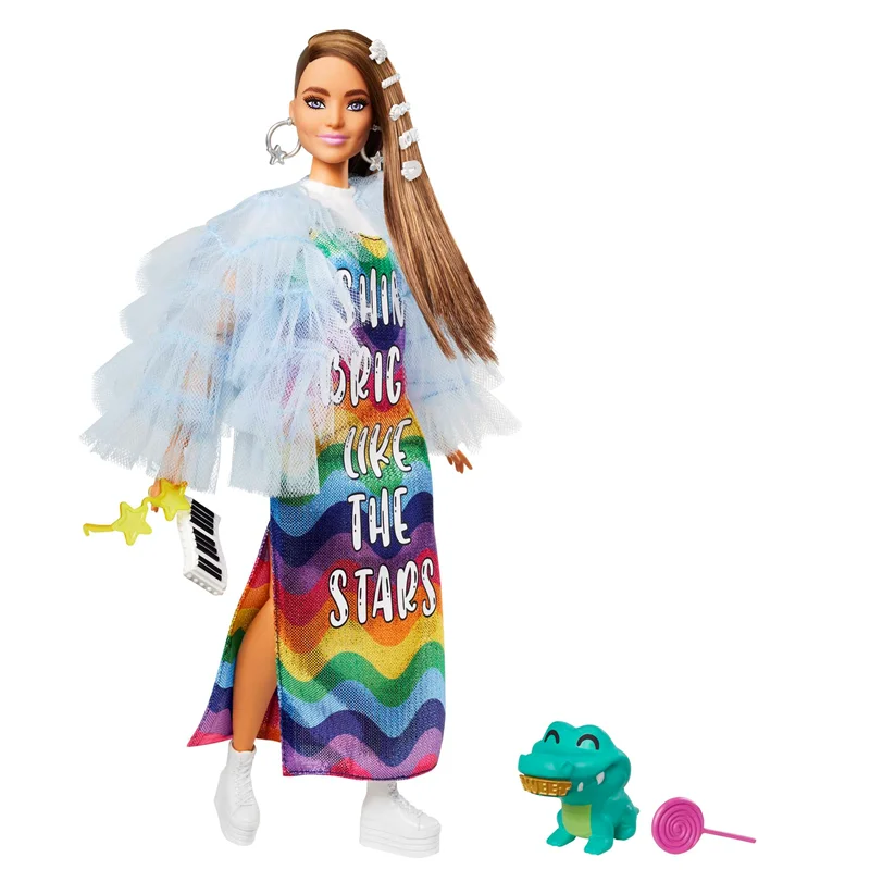 خرید اسباب بازی برند مَتِل «باربی اکسترا با پیراهن بلند رنگین کمانی» Mattel Toys Barbie Doll And Accessories, Barbie Extra Doll With Pet Crocodile