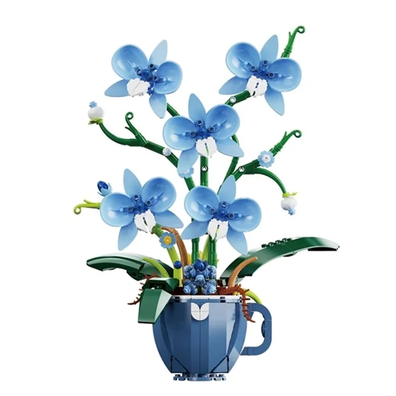 نمای جلو لگو گل ارکیده در فنجان با گلهای آبی و برگهای سبز
