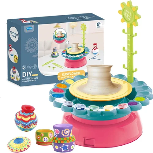 ست کامل آموزش سفالگری برای کودکان مدل Sunflower - چرخ سفالگری کودکانه با USB