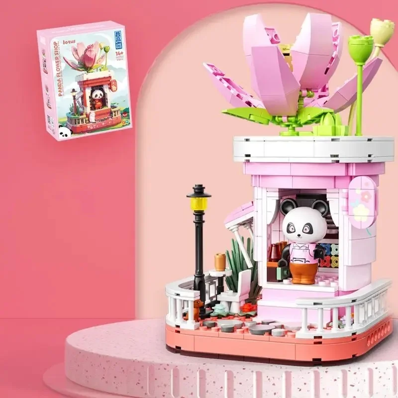 نمای سهبعدی از لگو پاندا گل فروشی لوتوس همراه با بسته بندی Panda Flower Shop Lotus
