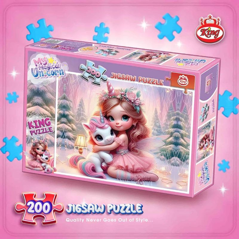 نمای سه بعدی بسته بندی پازل کینگ 200 تکه تک شاخ جادویی من My Magical Unicorn