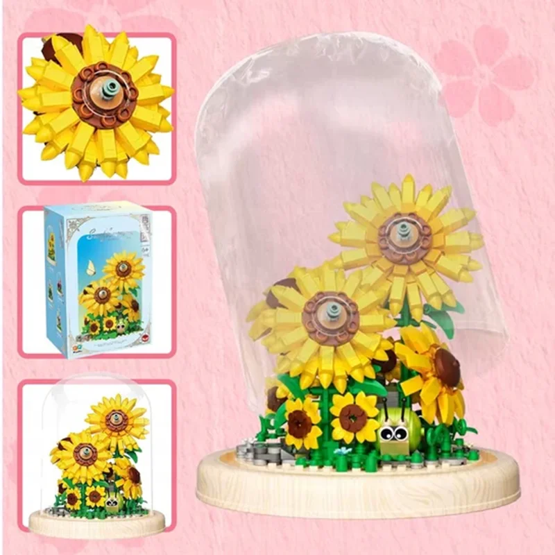 لگو دسته گل آفتابگردان جعبه گل تک و نمای ساخته شده در حال باز شدن محفظه