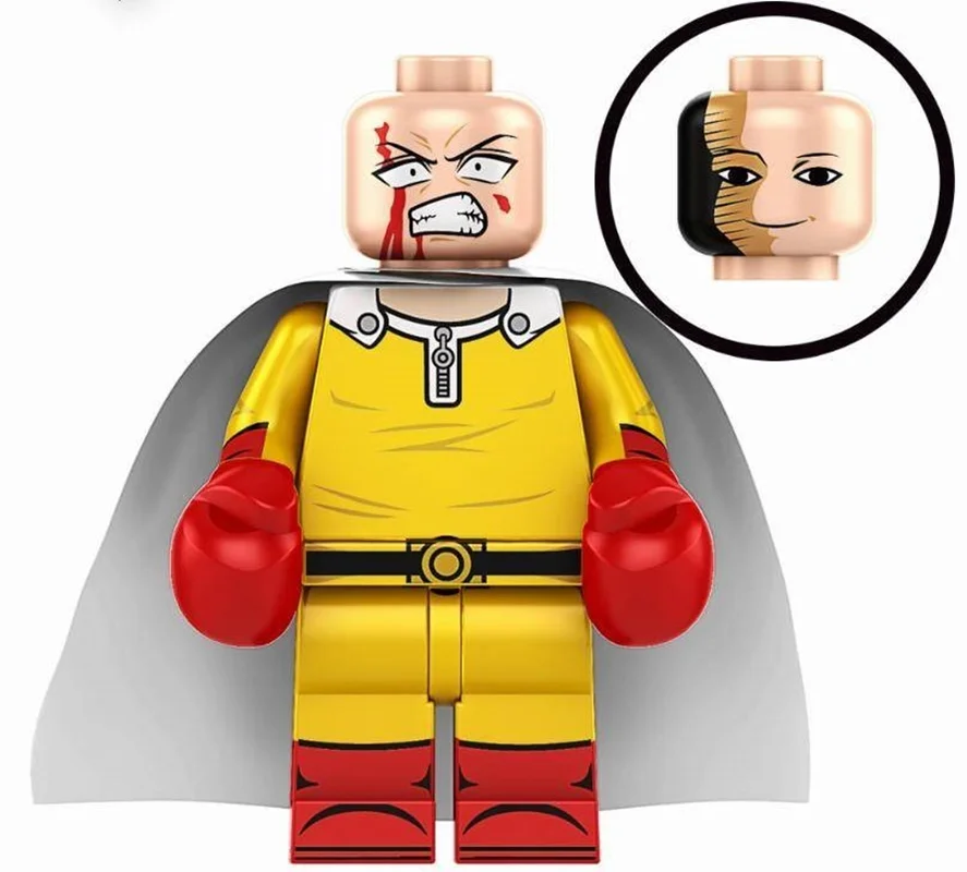 نمای جلوی مینی فیگور لگویی سایتاما TP017 با شنل سفید و لباس زرد