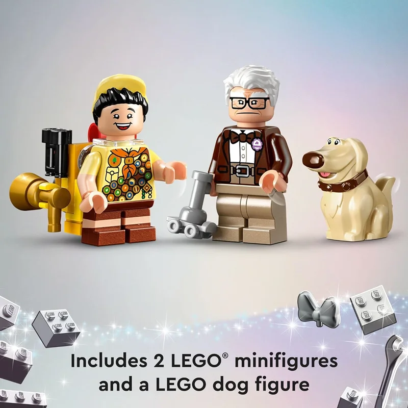 "LEGO Disney and Pixar ‘Up’ House Disney 100 - مجموعه ساختنی خانه کارل و راسل از انیمیشن UP، شامل فیگورهای کارل، راسل و داگ."