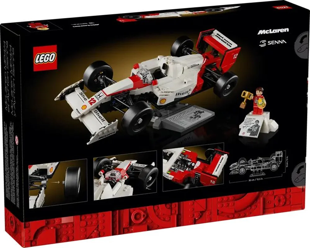 بستهبندی رسمی لگو McLaren MP4/4 & Ayrton Senna 10330 در پسزمینه سیاه با جلوههای قرمز